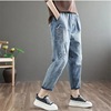 Retro denim summer trousers, plus size, with embroidery, elastic waist