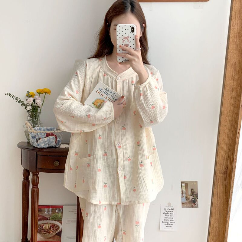 Tulip Cotton Gauze Pajamas for Women with Stand-Up Collar, Curved Neckline, Nursing Maternity Wear, Breastfeeding Clothes, Spring and Autumn Loungewear Set