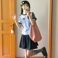ジェニーと同じクローバー3本ストライプラウンドネックピュアコットン半袖Tシャツレディース夏韓国風半袖カジュアルプルオーバー