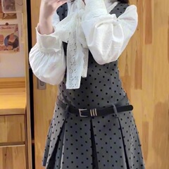 欧美跨境亚马逊小香学院风波点背带连衣裙子女法式衬衫气质一整套