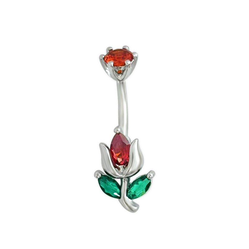 Belly Button Ring Red Flower Wing With Zircon And Stainless Steel_voghion.com