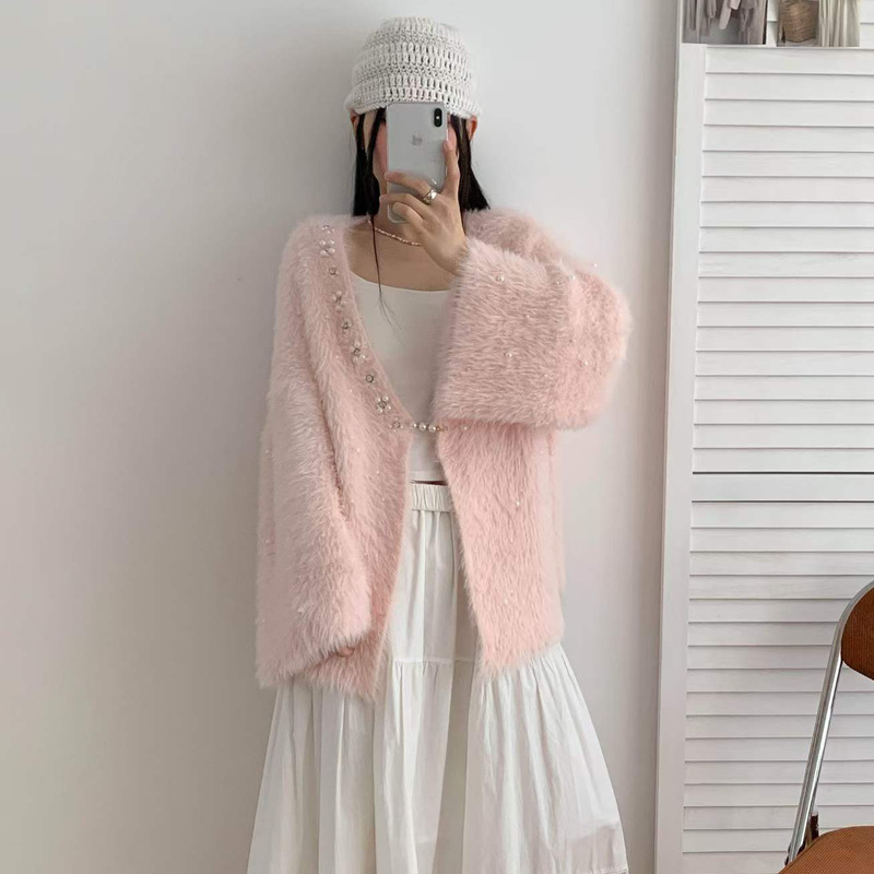 Cross-Border Foreign Trade Beaded Single-Button Knit Cardigan for Women, New Autumn and Winter Style, Solid Color, Soft and Smooth V-Neck, Loose Sleeves Sweater Cross-Border Foreign Trade Beaded Single-Button Knit Cardigan for Women, New Autumn and Winter Style, Solid Color, Soft and Smooth V-Neck, Loose Sleeves Sweater