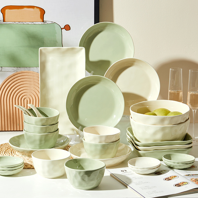 Instant Underglaze Color Cream-Style Tableware Set for Home Use, High Aesthetic Bowl and Plate Set, Ceramic Bowl Combination Set