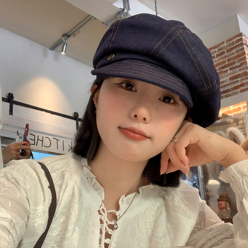 日系复古文艺水洗牛仔贝雷帽女气质休闲大头围显脸小八角画家帽子|undefined