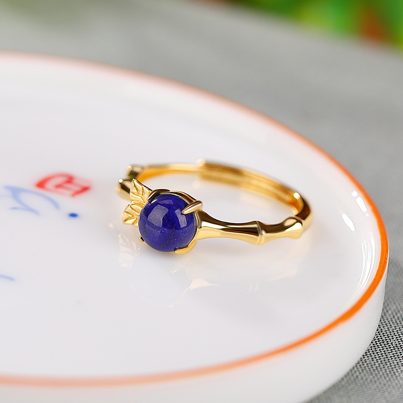 Nhẫn bạc S925 mạ vàng đính đá Lapis Lazuli hạt tròn phong cách cổ điển — Mở (một kích thước)