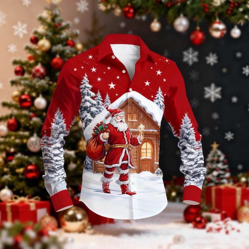European and American Style Men's 2025 New Shirt Christmas Snow Scene Print Comfortable Casual Long-Sleeved Holiday Shirt European and American Style Men's 2025 New Shirt Christmas Snow Scene Print Comfortable Casual Long-Sleeved Holiday Shirt