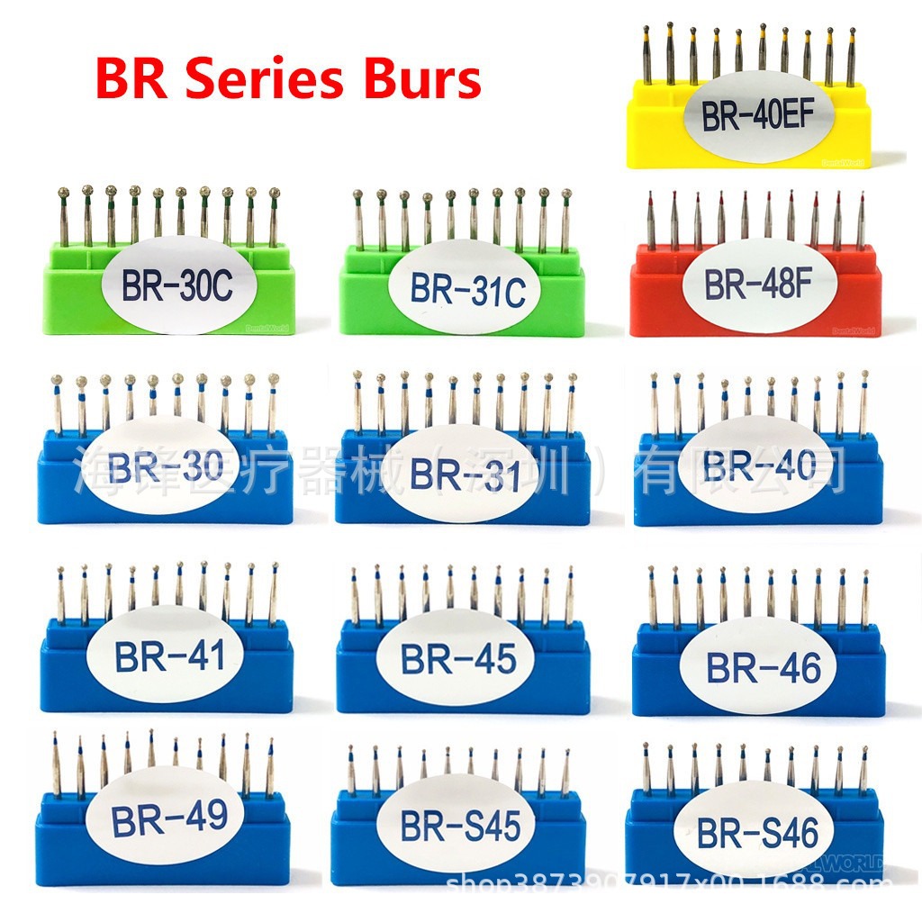 Fresas dentales de alta velocidad con revestimiento de diamante, brocas para preparación dental con forma de teléfono móvil, brocas para grietas, brocas esféricas, serie BR, juego de 10 piezas de brocas dentales de alta velocidad para preparación dental.