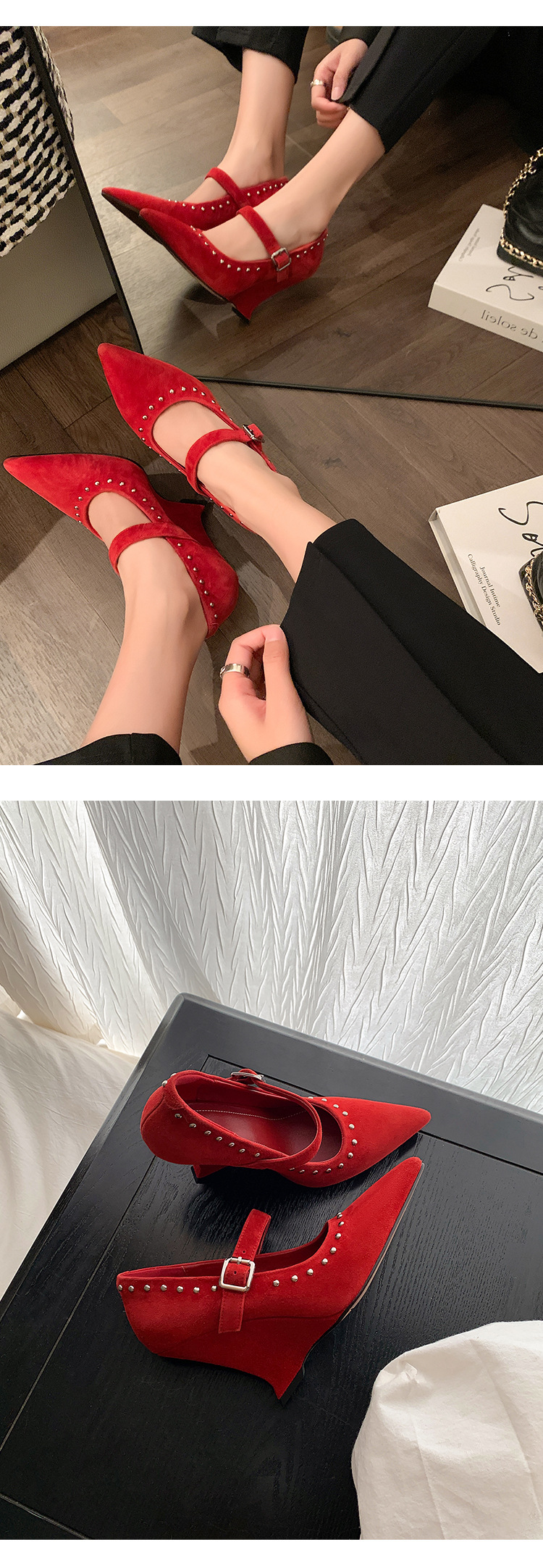Giày cao gót nữ mũi nhọn gót 9 cm, quai ngang đinh tán, chất liệu da lộn — màu đen, màu đỏ chi tiết 22