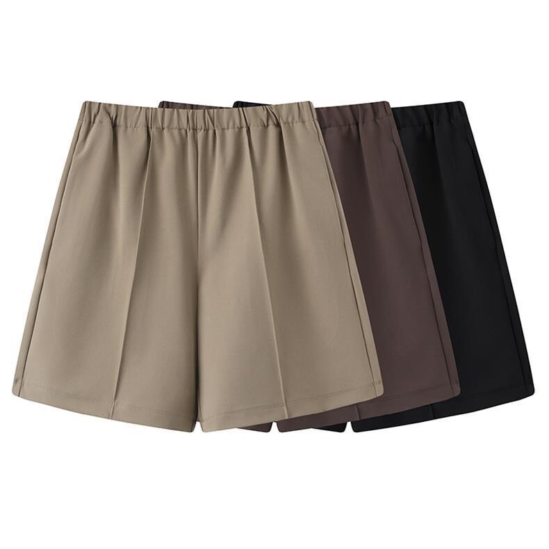 In-Stock 2025 Summer New Design Niche Solid Color Elastic Waist Straight Shorts Women's Casual Wide-Leg Knee-Length Shorts