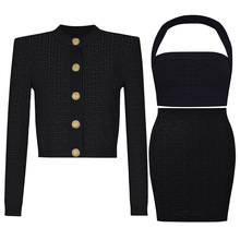 现货春夏新款女式时尚网红针织外套上衣+半身短裙+背心三件套套装