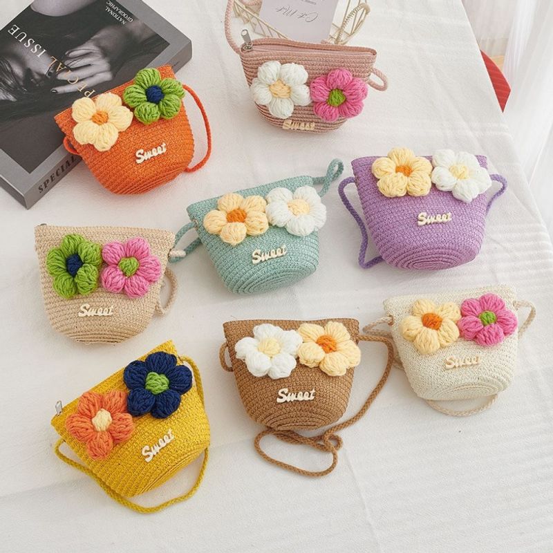Korean-style spring and summer floral woven small bag, woven children's outdoor travel shoulder bag, coin purse, phone bag