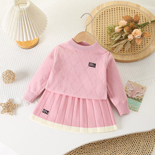 儿童纯色字母套裙秋冬新款女宝百搭针织两件套外贸韩版时尚套头衫