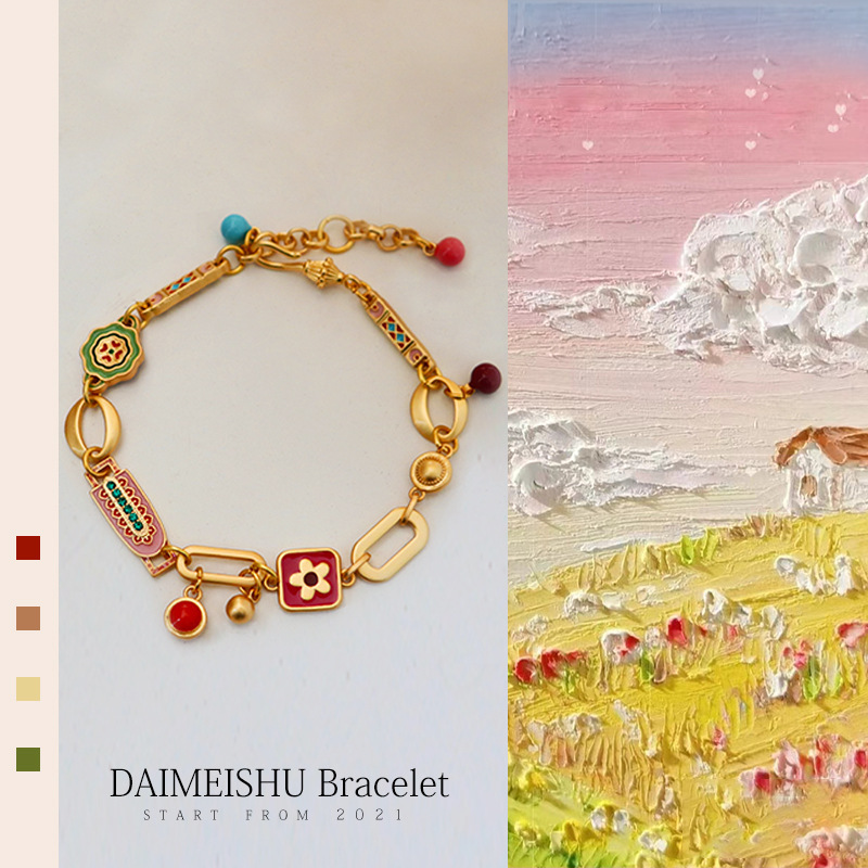 Original New Chinese Style Vintage Color Oil Drop Dopamine Flower Handmade Bracelet Women's All-match High-end Fashion Bracelet Original New Chinese Style Vintage Color Oil Drop Dopamine Flower Handmade Bracelet Women's All-match High-end Fashion Bracelet