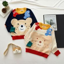 外贸日系可爱麻子熊针织毛衣批发24秋季新款男女童双层毛衣潮2302