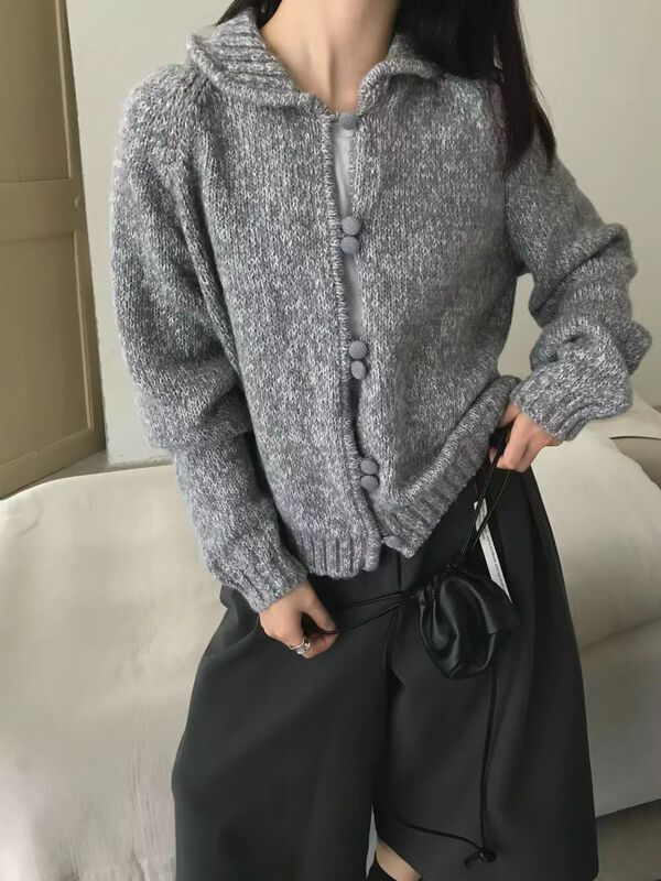 韩系简约风松弛感小翻领针织毛衣女秋冬新款慵懒百搭包扣开衫外搭|undefined