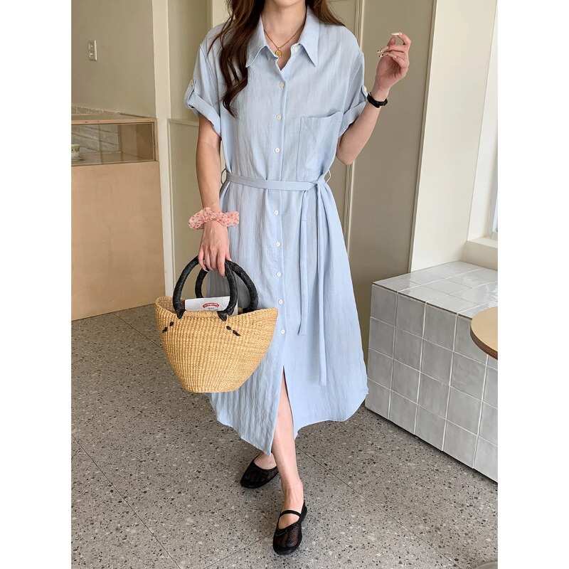 3Th Morning Long-Termism Tencel Blend Elegant Waist-Cinching Shirt-Style Dress Zy4059
