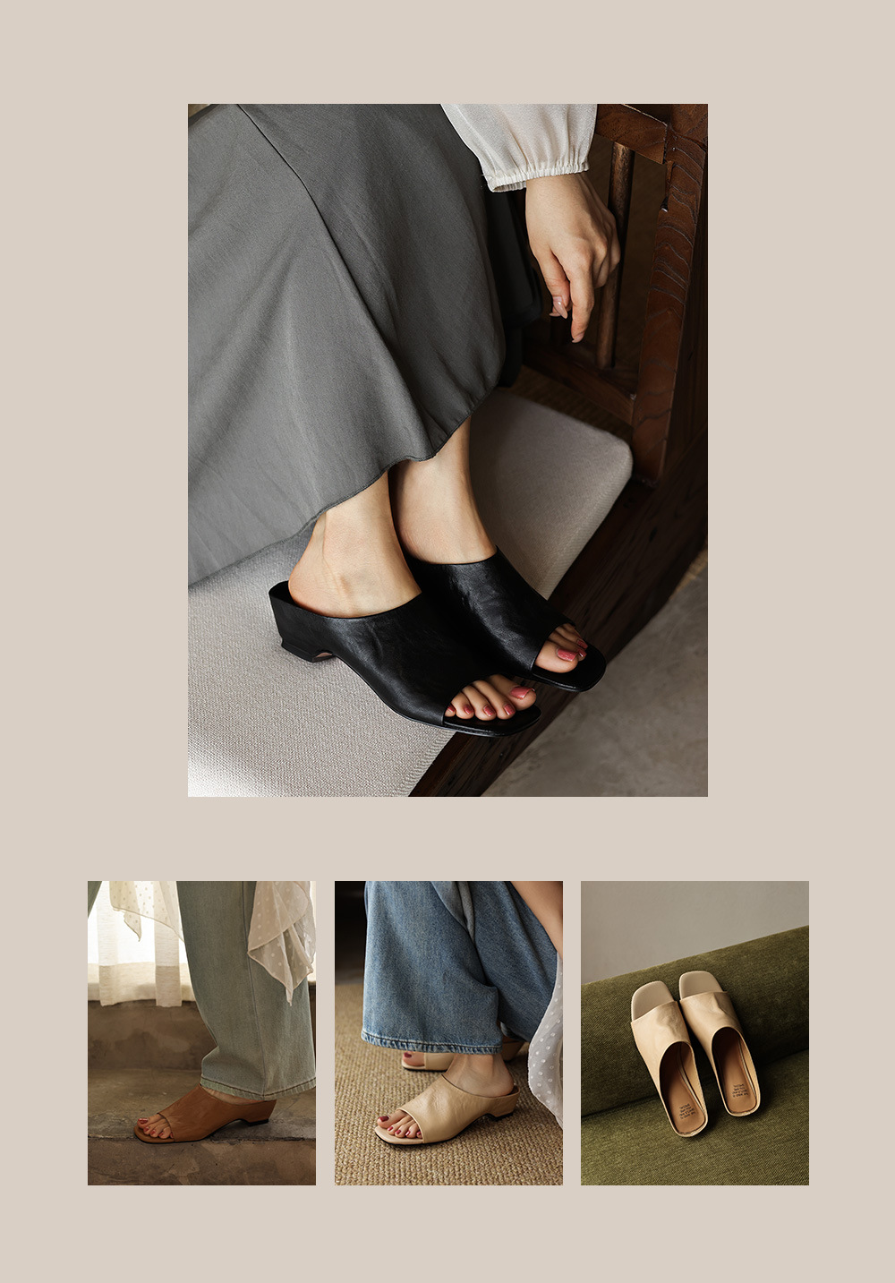 Sandal nữ da bò quai ngang gót thấp hở mũi phong cách Hàn Quốc — đen chi tiết 2
