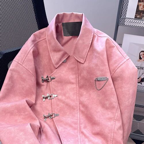American Retro Metal Button Pink Leather Jacket Women Spring and Autumn Season Loose Motorcyclist Workwear Jacket Top Trendy