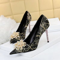 628-2 in Europe and the sexy high-heeled shoes high heel with shallow mouth party pointed pearl flower diamond single shoes for women's shoes