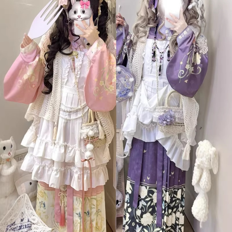 Shanghefang Original Hanfu for Women: Adult Hanfu with a Blend of Chinese and Western Styles, Lolita Overlay Skirt, Ming-Style Cross-Collar, Pipa Sleeves, and Mamian Skirt Shanghefang Original Hanfu for Women: Adult Hanfu with a Blend of Chinese and Western Styles, Lolita Overlay Skirt, Ming-Style Cross-Collar, Pipa Sleeves, and Mamian Skirt