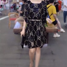 2024韩版宽松大码重工钉珠刺绣亮片蝙蝠袖连衣裙时尚优雅礼服裙