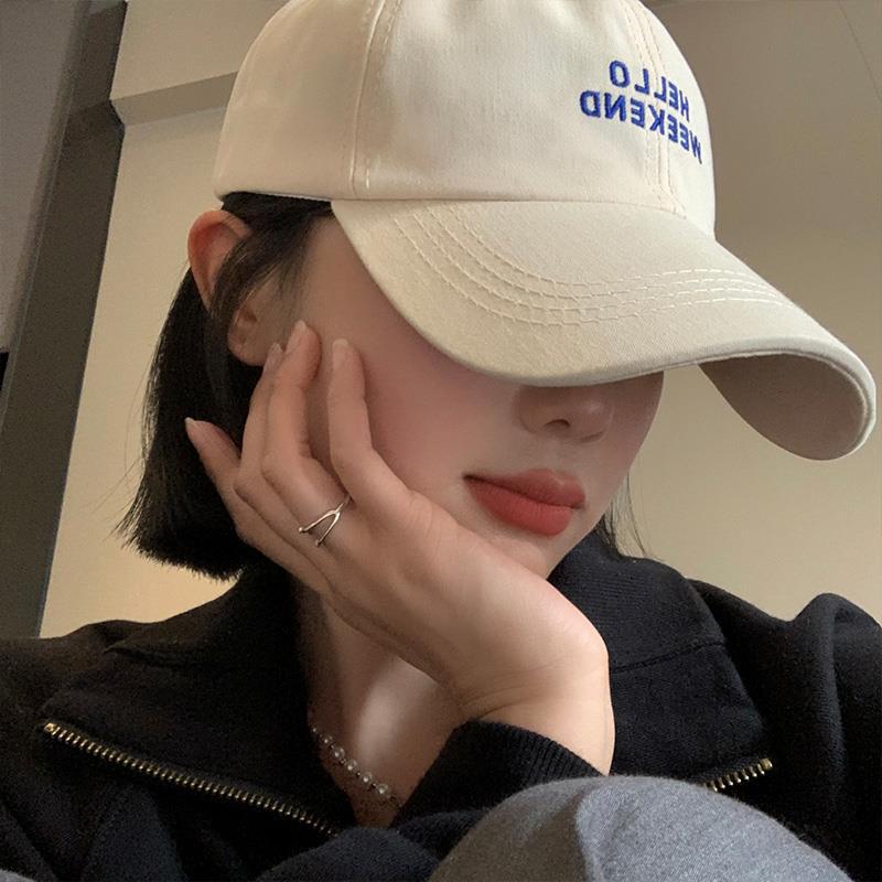 白色棒球帽女韓版字母刺繡加寬帽檐長帽檐鴨舌帽大頭圍顯臉小帽子
