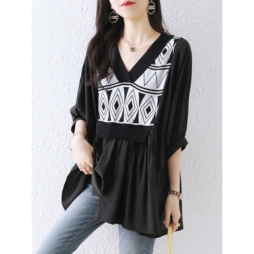 Summer Fat mm 300 Pounds Plus Size False Two-Piece Chiffon Splicing V-Neck Knit Loose Top Women's Shirt