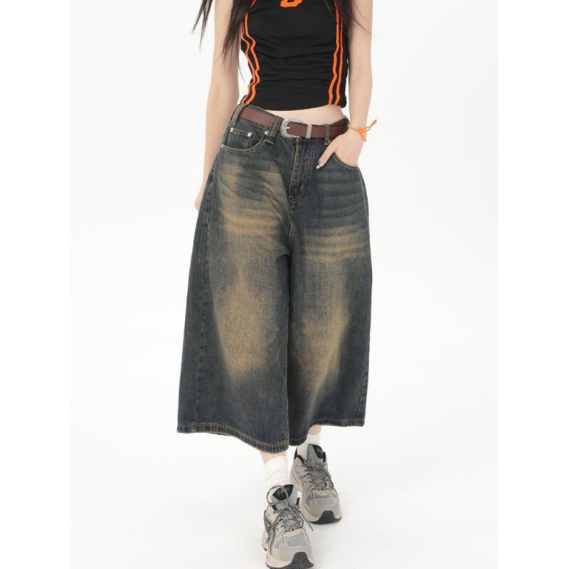 Pear-Shaped Body Wide-Leg Jeans for Women, Summer Thin High-Waisted Slimming Loose Straight Retro Petite Cropped Pants