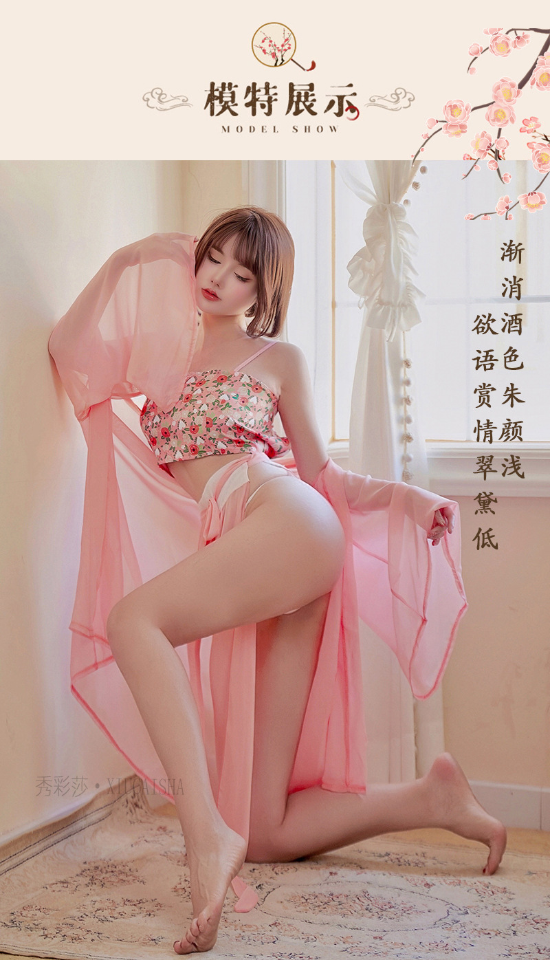 Han Dynasty Floral Bellyband Costume Set with Chiffon Robe, Slip Dress and Briefs, Plus Size — detail image 5