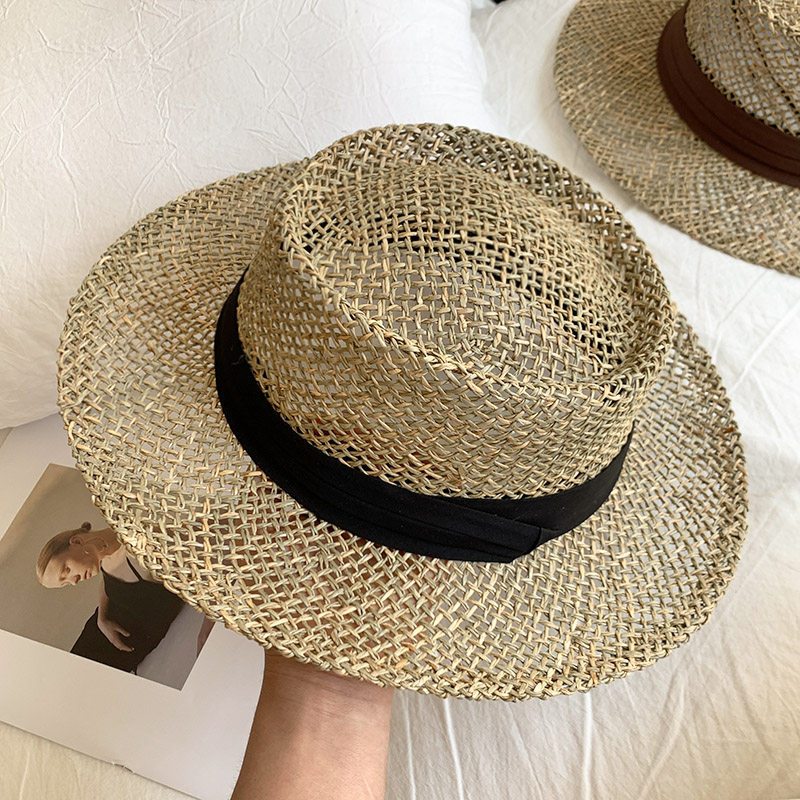 [Box + Hat Support] Old Money Style Hollow Flat Top Straw Hat For Women, Summer Beach Vacation Woven Sun Hat, French Style - Thumbnail 6