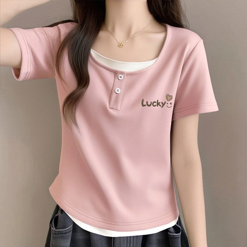 Plus Size Fat mm Short-Sleeved T-Shirt for Women 2025 Summer New Niche Design Sexy Right Shoulder Slim Fake Two-Piece Top