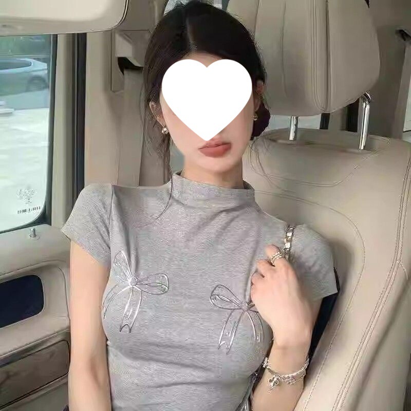 [260g Rayon Modal] Right Shoulder Silver Bow Printed Round Neck Short-sleeved Short Top Gray