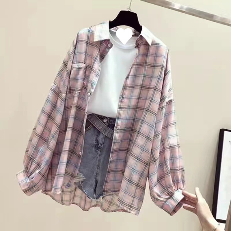 夏の女子学生韓国風ルーズ長袖チェック柄日焼け止め服シャツ+半袖Tシャツ+|undefined