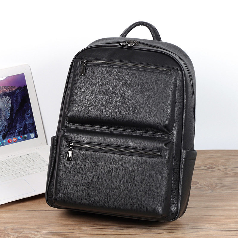 Ba lô da bò lớp đầu cho nam, kiểu dáng tối giản, đa chức năng, ngăn laptop 15 inch — Màu đen