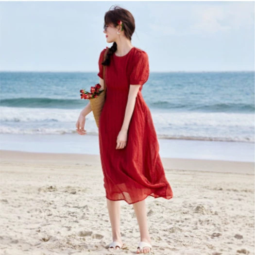 Đầm suông nữ midi họa tiết rỗng phối thắt lưng chất liệu mô phỏng tơ trời — Màu xanh da trời chi tiết 2