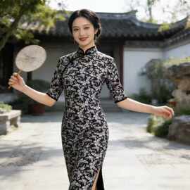 老上海民国风斜襟盘扣改良版优雅气质中袖旗袍女收腰显瘦连衣裙
