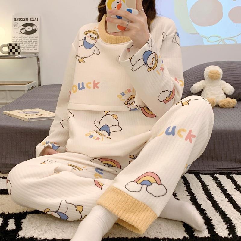 2024 플러스 뚱뚱 200캐티 임산부 3피스 인터레이어 파자마 겨울 에어 코튼 산후 모유수유 산후복