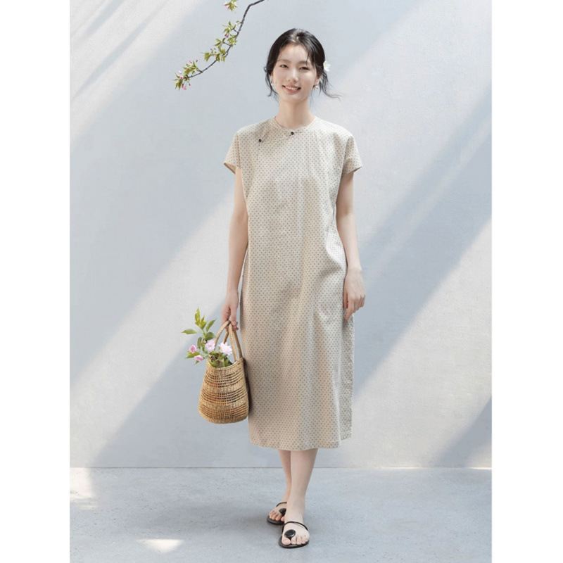 Elegant Cotton and Linen Polka Dot Print Dress 2025 Summer New Chinese Style Artistic Slimming Cheongsam Mid-Length Dress for Women