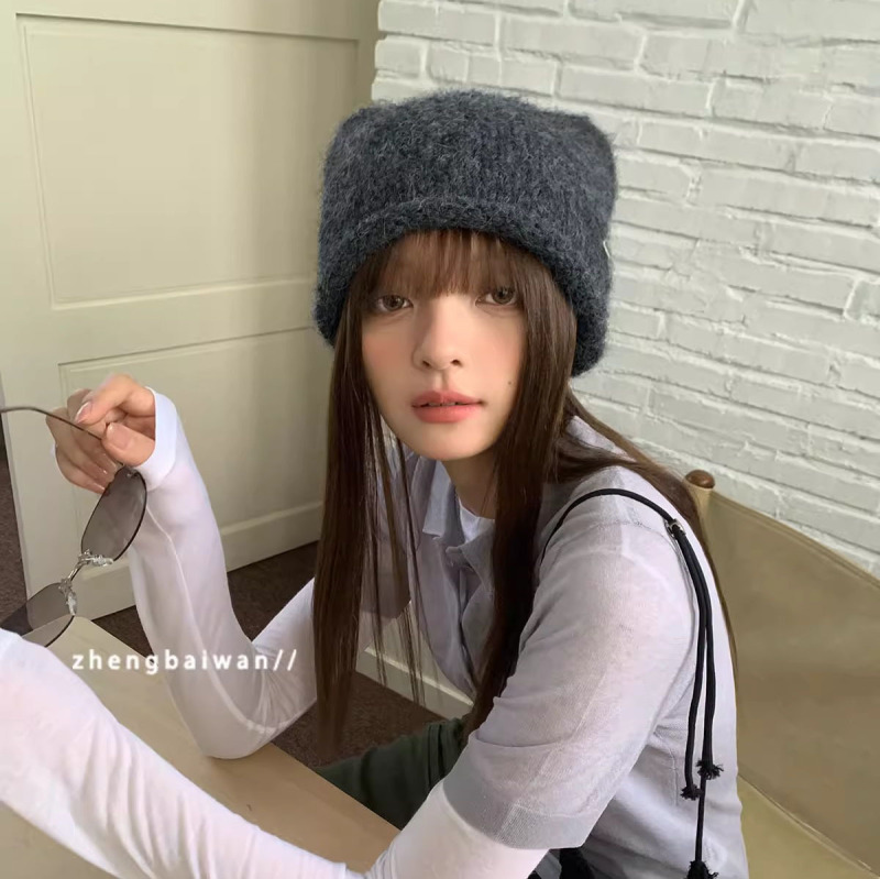 保暖圆顶猫耳朵帽子女休闲包头冷帽羊毛混纺秋冬时尚百搭毛线帽|undefined