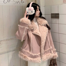秋冬仿麂皮绒短外套加绒加厚冬新款皮毛一体外套保暖上衣女粉色