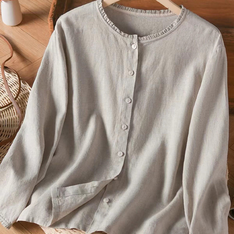 60 원래 단일 비와 이슬 대마 긴 소매 티셔츠 재킷 봄과 가을 문학 복고풍 느슨한 작은 셔츠 도매