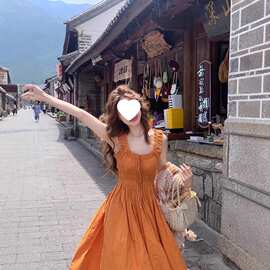 新款法式气质橘色吊带连衣裙子夏季女装梨形身材显瘦背心长裙涤纶
