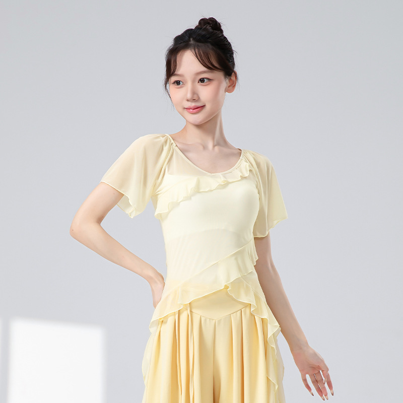 女性用の新しいクラシックダンス服、フリル半袖弾性メッシュトップ、中国モダンダンスボディリズム練習服|undefined