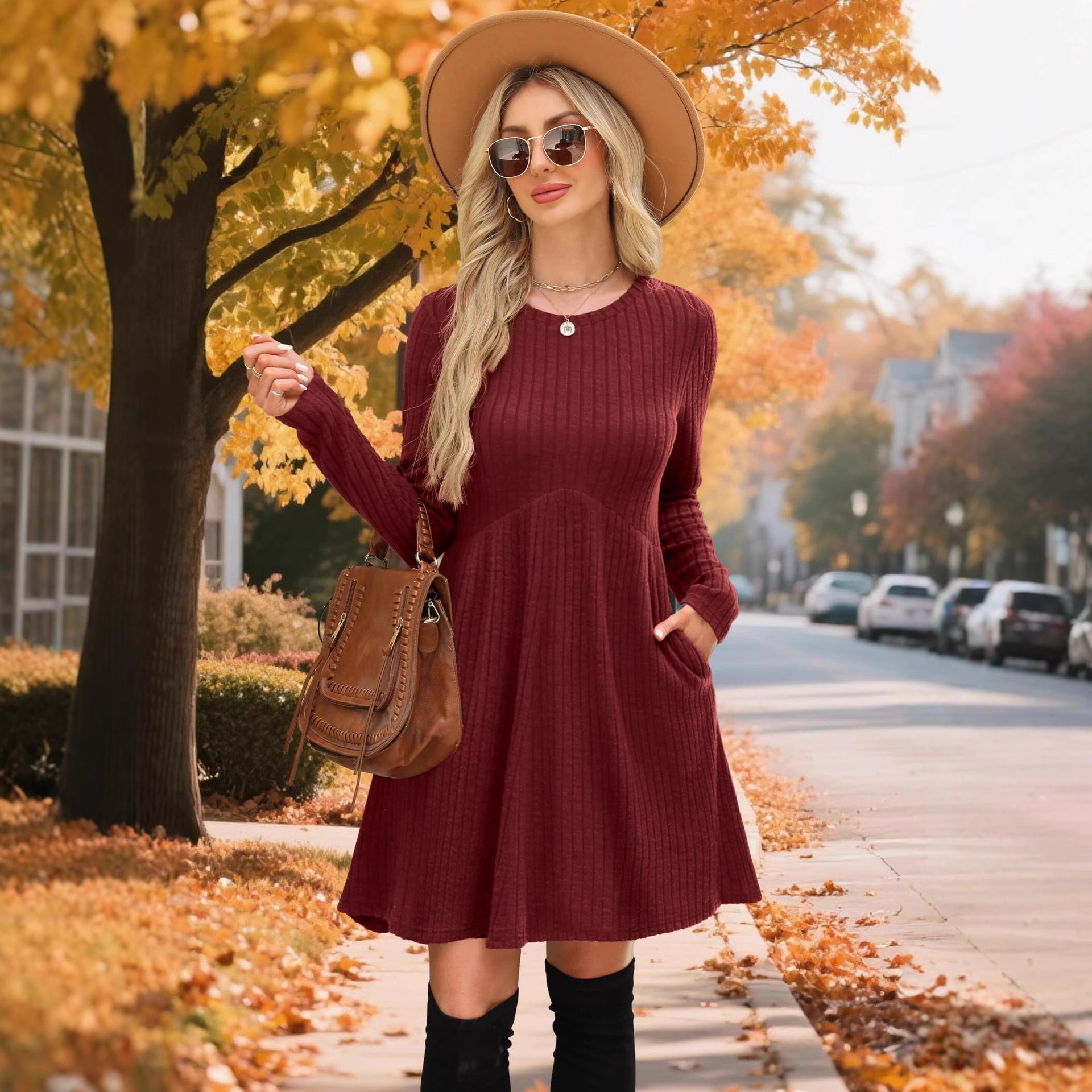 2025 Mid-Length Autumn Winter Bohemian Irregular Brushed Ribbed Solid Color Dress Women's Umbrella Skirt_voghion.com