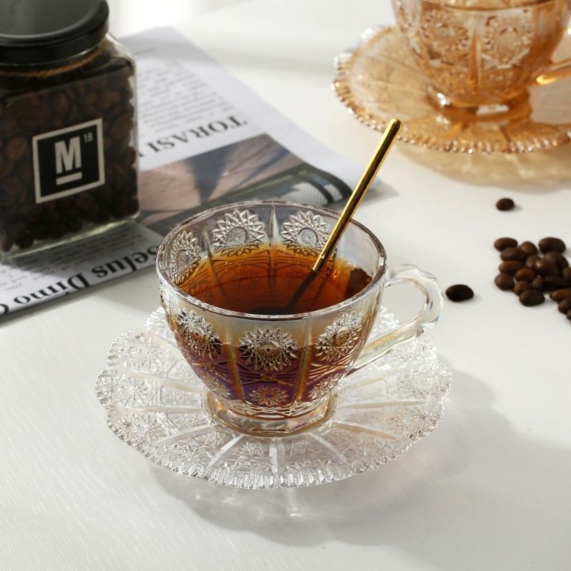 Estilo nórdico girasol vidrio en línea celebridad taza de café vintage en relieve taza platillo taza de té taza de desayuno al por mayor