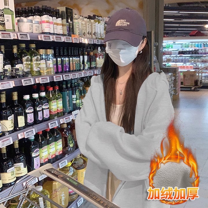 ブルーのスウェットシャツジャケット女性用秋2025新作人気秋ジッパーカーディガン中学生ベルベット厚手トップ