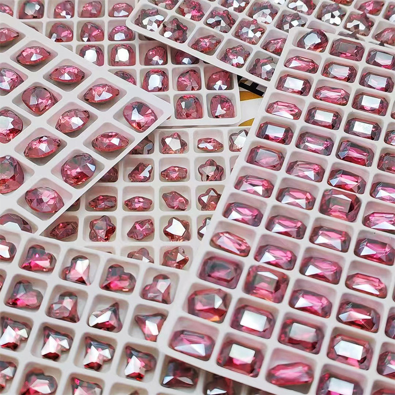 High-grade rose red nail jewelry diamond wholesale water droplets crooked heart fat square rectangular shaped pointed bottom Diamond K9 crystal glass