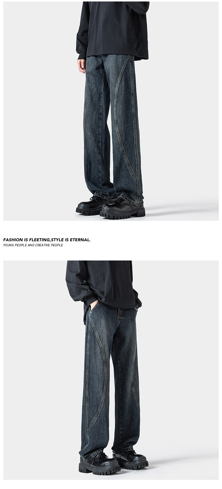 American Retro Patchwork Jeans For Men Loose Wide Leg Casual Trousers_voghion.com