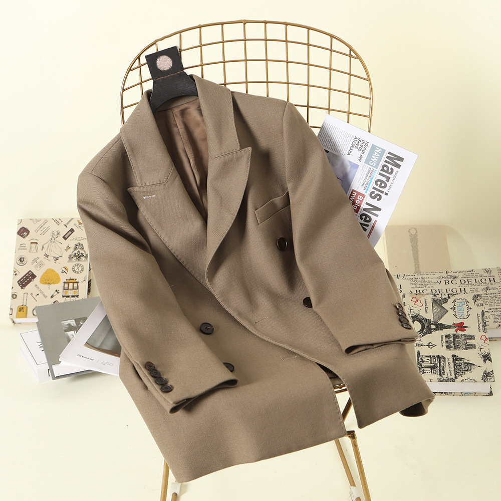 2026년 신상 초봄 캐주얼 루즈핏 울 일본-한국 스타일 상의 더블 버튼 고급스러운 소모사 수트 재킷 여성용