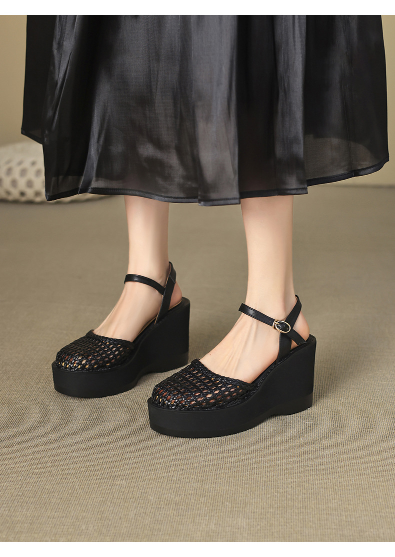 Sandal nữ da thật bít mũi đế xuồng cao gót 9 cm phong cách La Mã đan lưới — màu đen, màu trắng ngà chi tiết 7